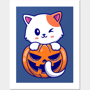 Cute Cat With Pumpkin Halloween Cartoon Posters and Art